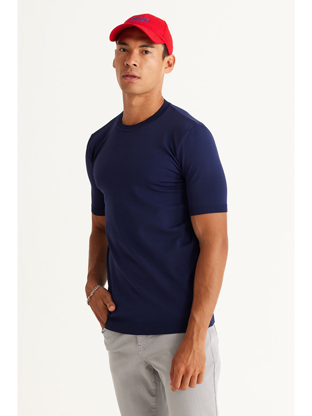 Erkek Lacivert Standart Fit Normal Kesim Bisiklet Yaka Triko Kazak