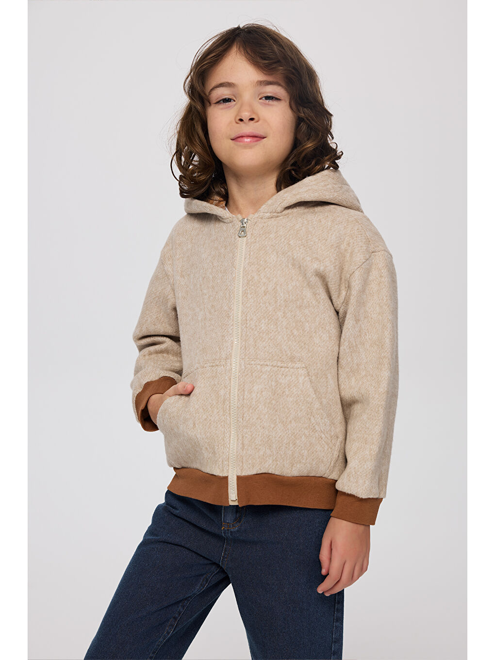 Erkek Çocuk Fermuarlı Sweatshirt Bej-Melanj-3