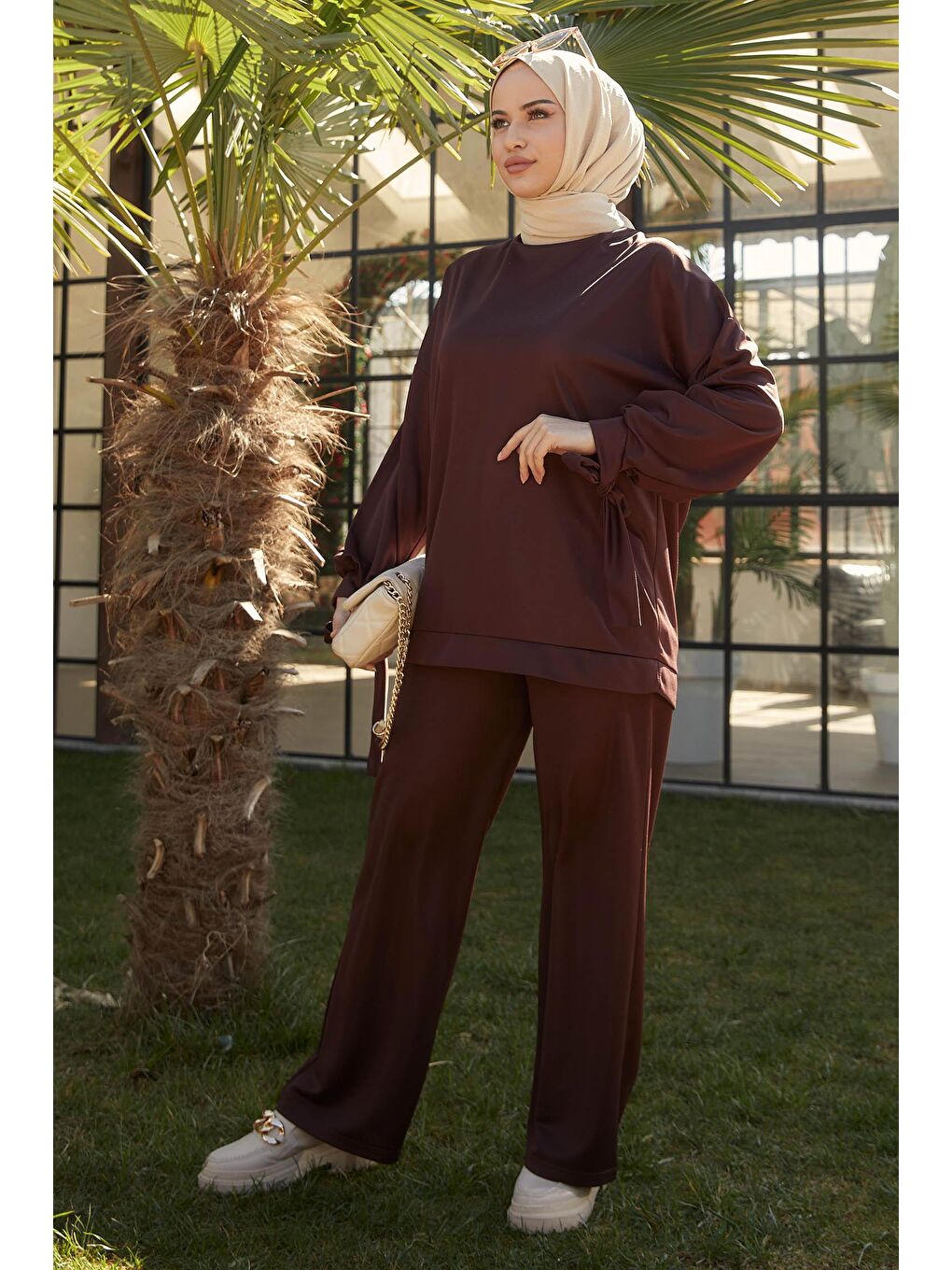 Bisiklet Yaka Kadın Kahverengi Tunik+Pantolon - 11542