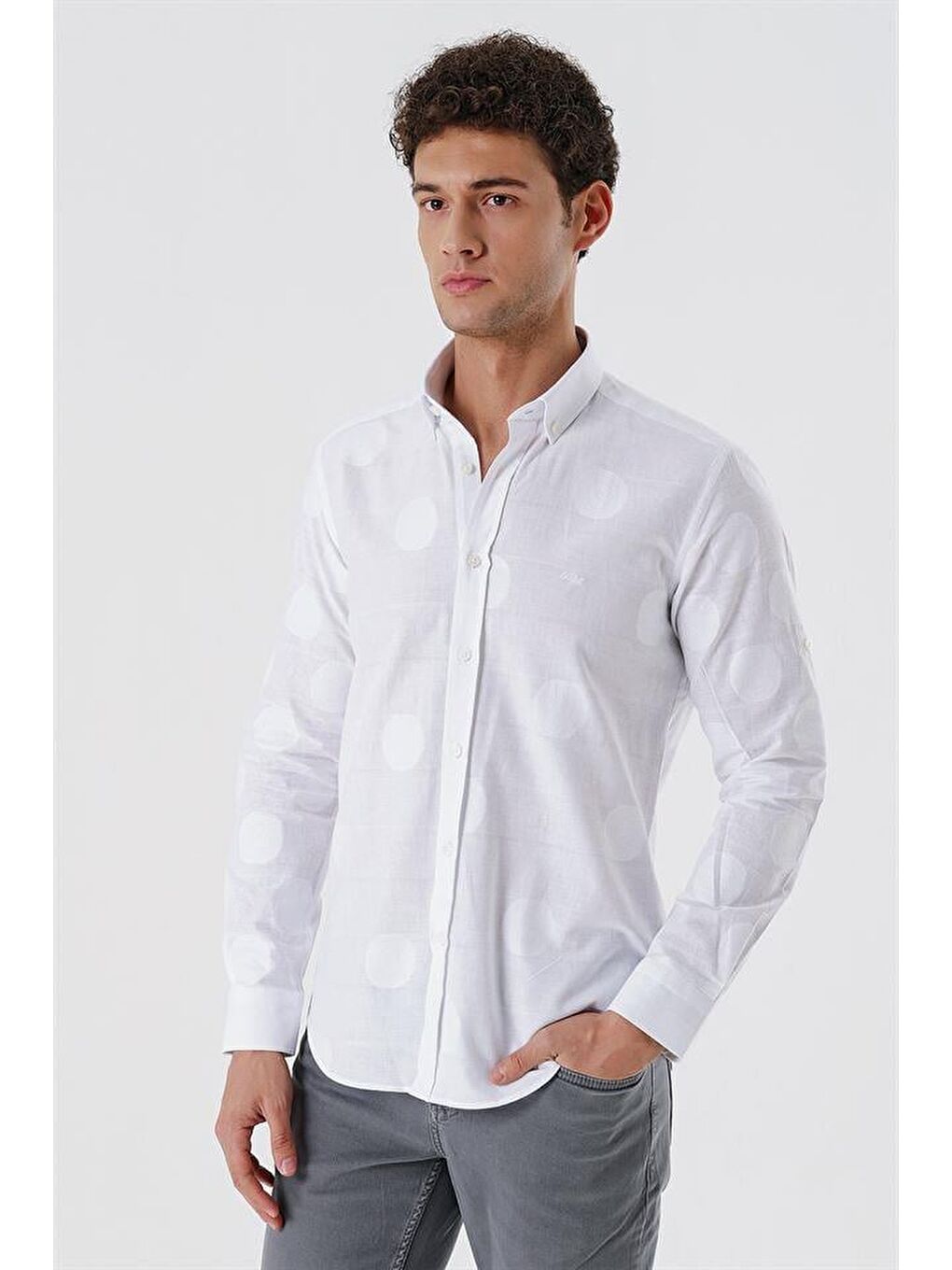 Beyaz Kısalabilir Kollu Desenli  %100 Pamuk Casual Slim Fit Gömlek 1004230183-2