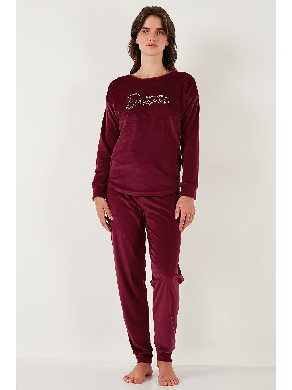 Bordo Standart Fit Bisiklet Yaka Kadın Pijama Takımı 6094202-2