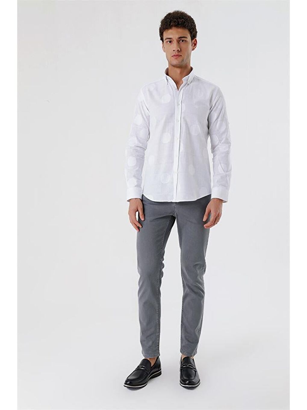 Beyaz Kısalabilir Kollu Desenli  %100 Pamuk Casual Slim Fit Gömlek 1004230183-3