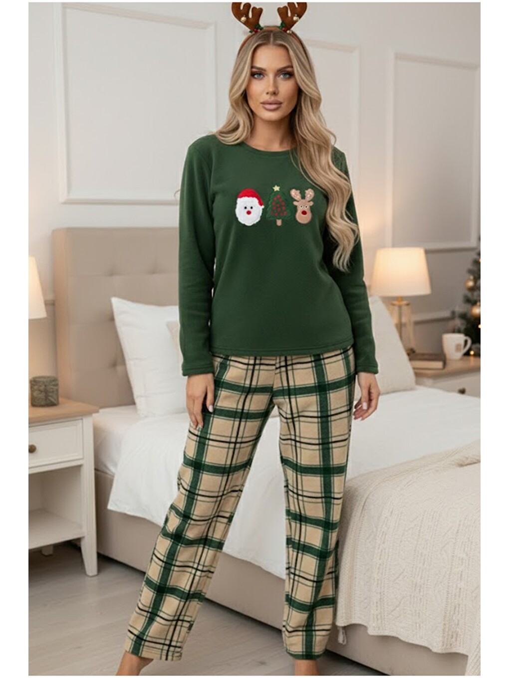 Yeşil Ekose Desenli Nakışlı Büyük Beden Polar Kışlık Örme Pijama Takım-1