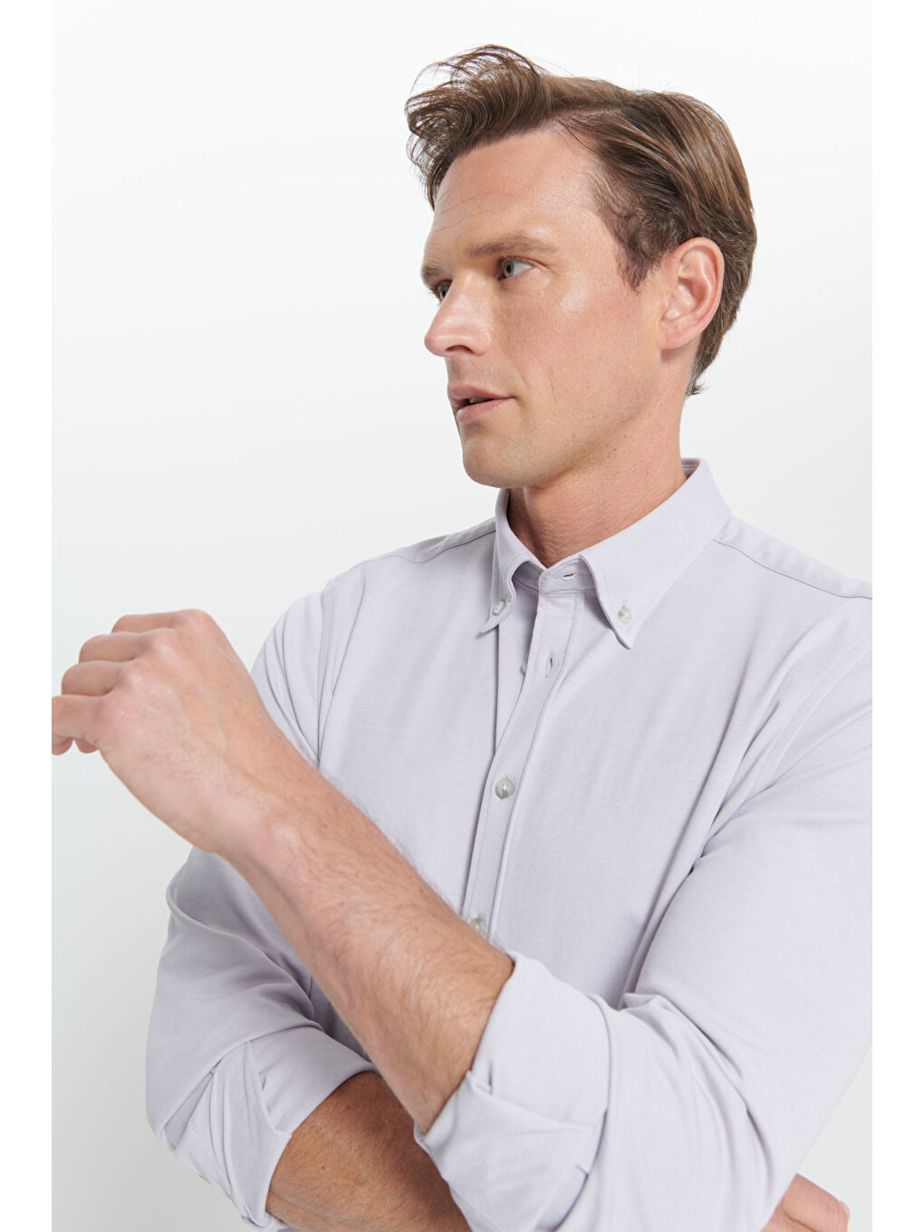 Erkek Gri Comfort Fit Geniş Kesim Düğmeli Yaka Pamuklu Gömlek-4
