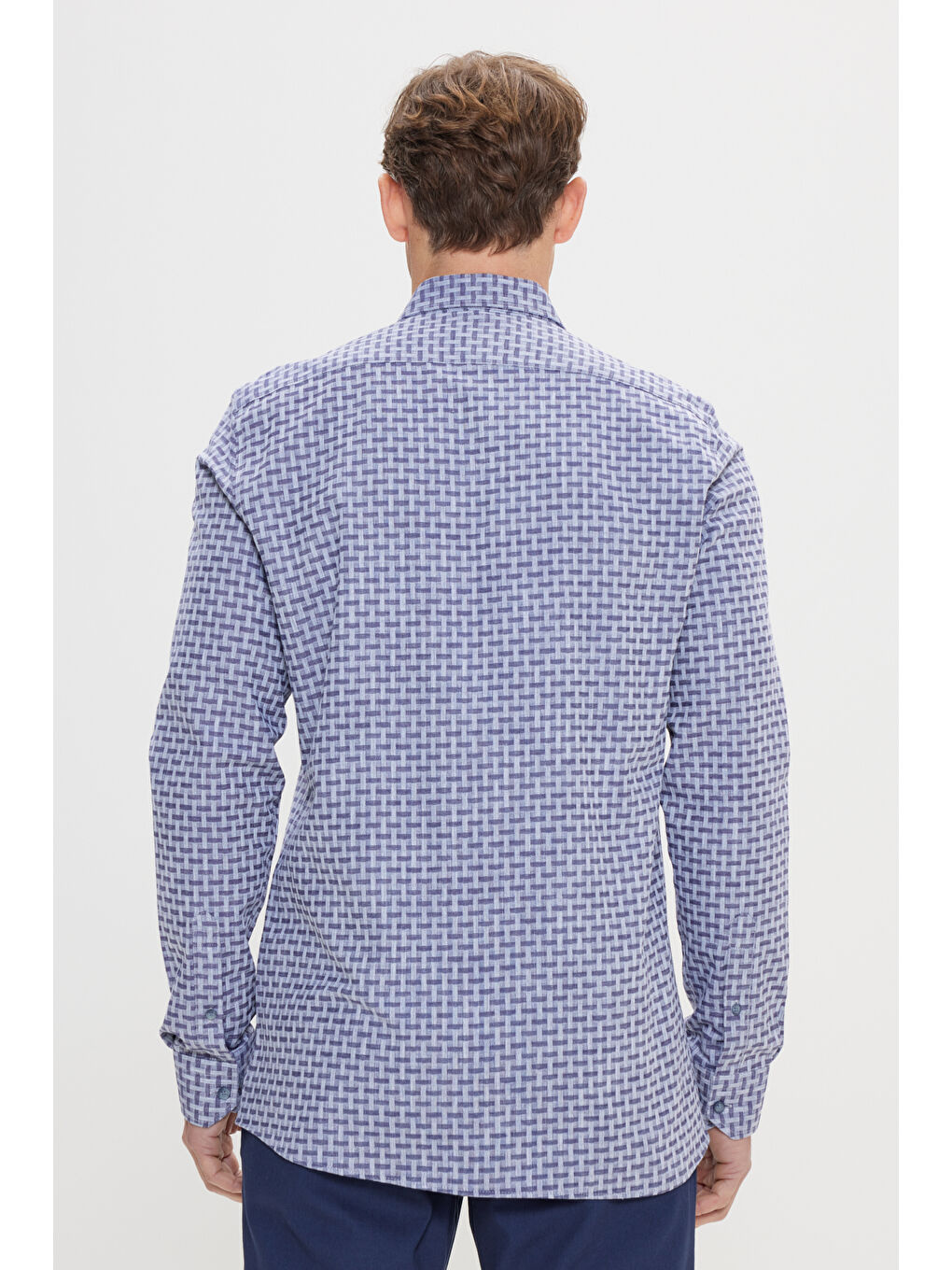 Erkek Lacivert %100 Pamuk Slim Fit Dar Kesim Düğmeli Yaka Armürlü Gömlek-4