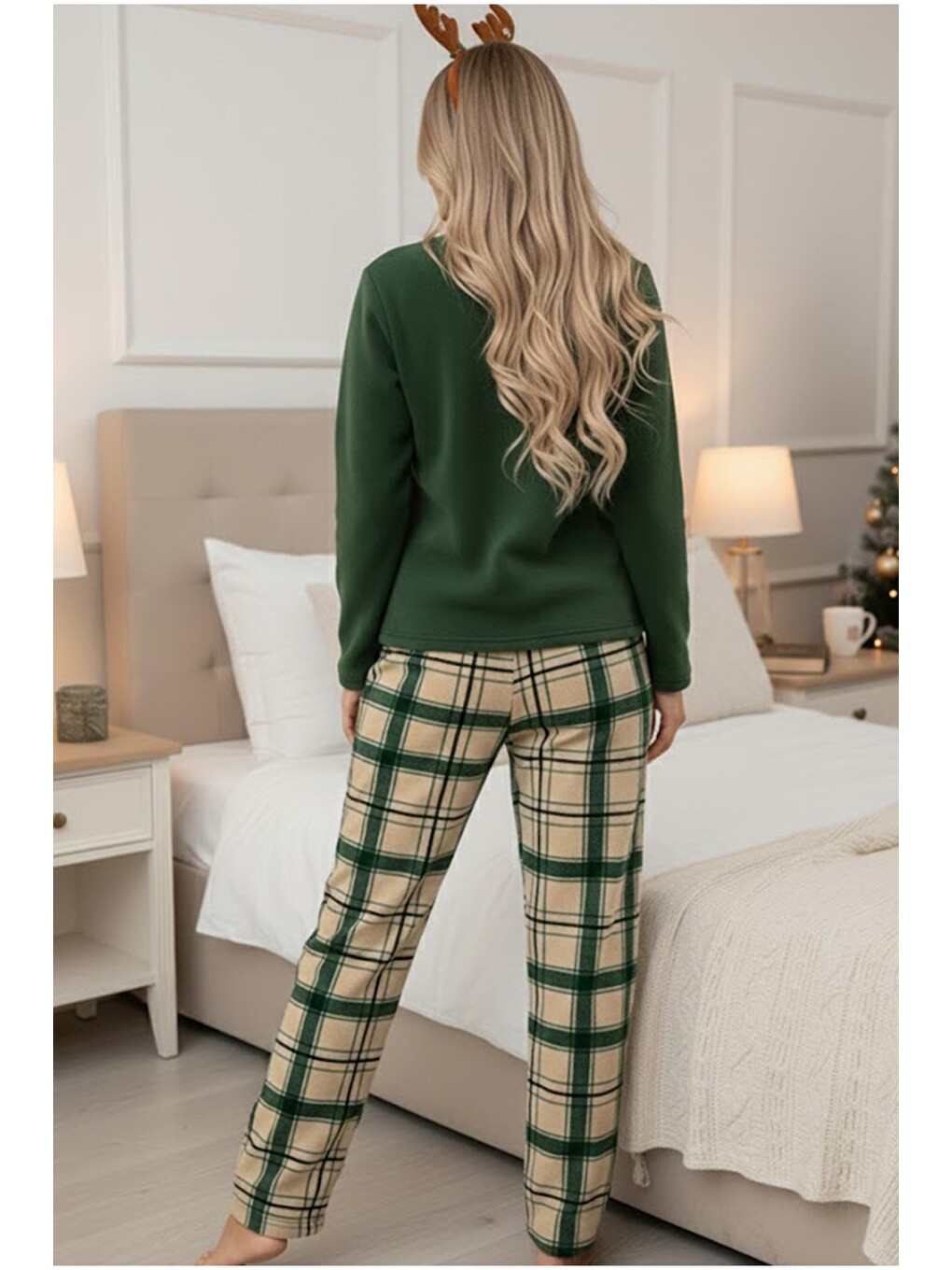 Yeşil Ekose Desenli Nakışlı Büyük Beden Polar Kışlık Örme Pijama Takım-2