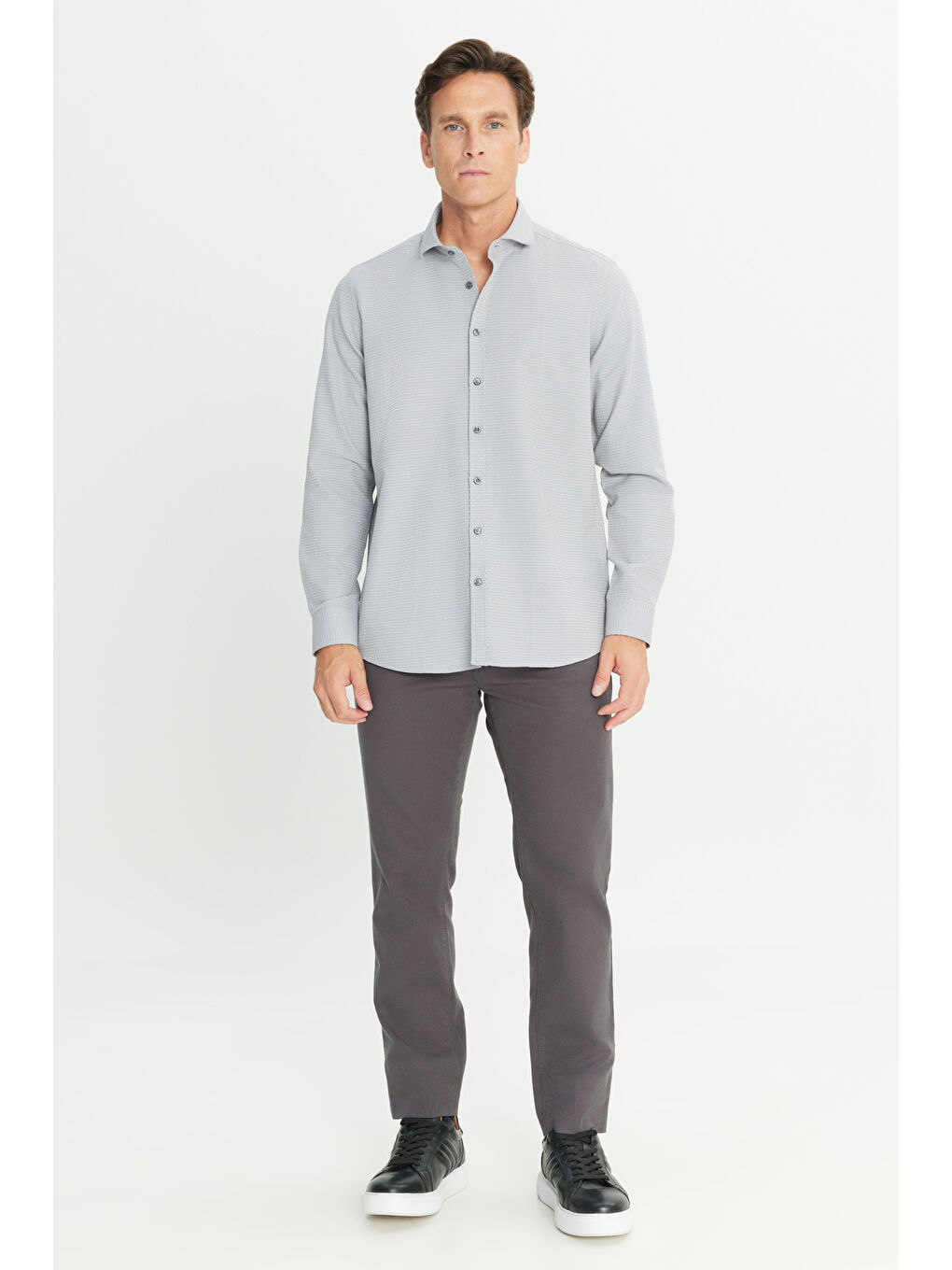 Erkek Gri Slim Fit Dar Kesim Klasik Yaka Pamuklu Armürlü Gömlek-1