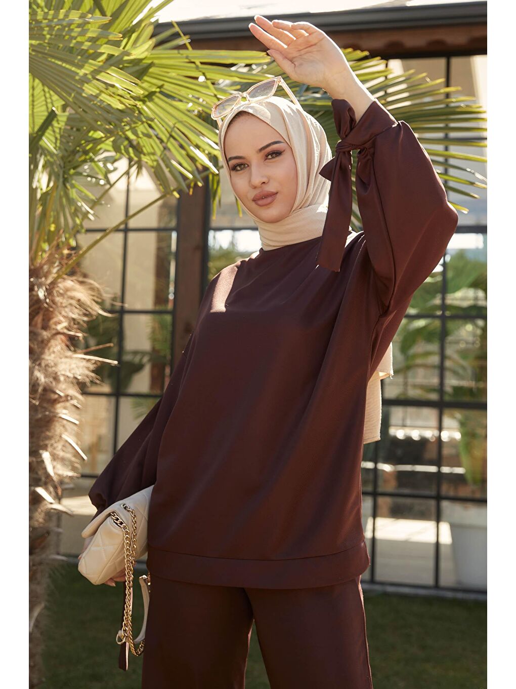 Bisiklet Yaka Kadın Kahverengi Tunik+Pantolon - 11542-1