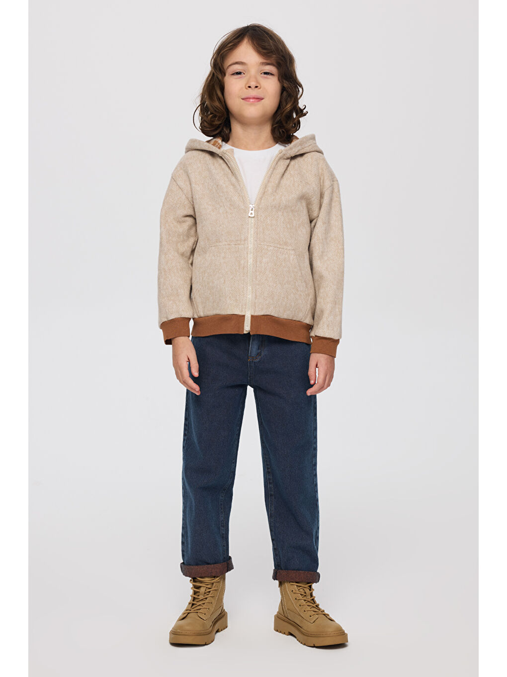Erkek Çocuk Fermuarlı Sweatshirt Bej-Melanj-6