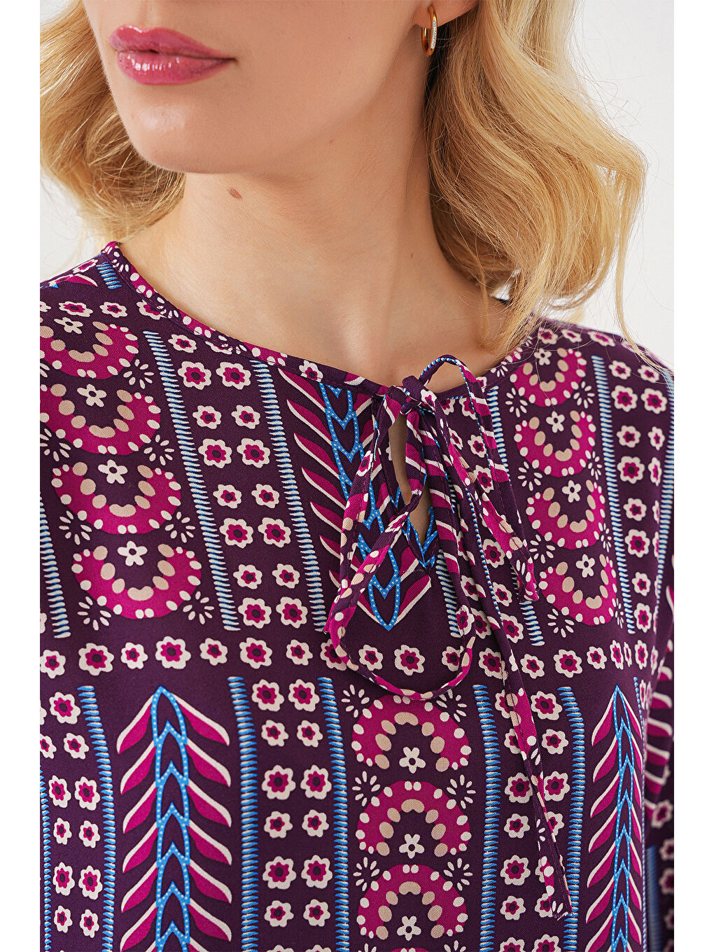 Kadın Desenli Uzun Kol Bluz 970 - Bordo-4