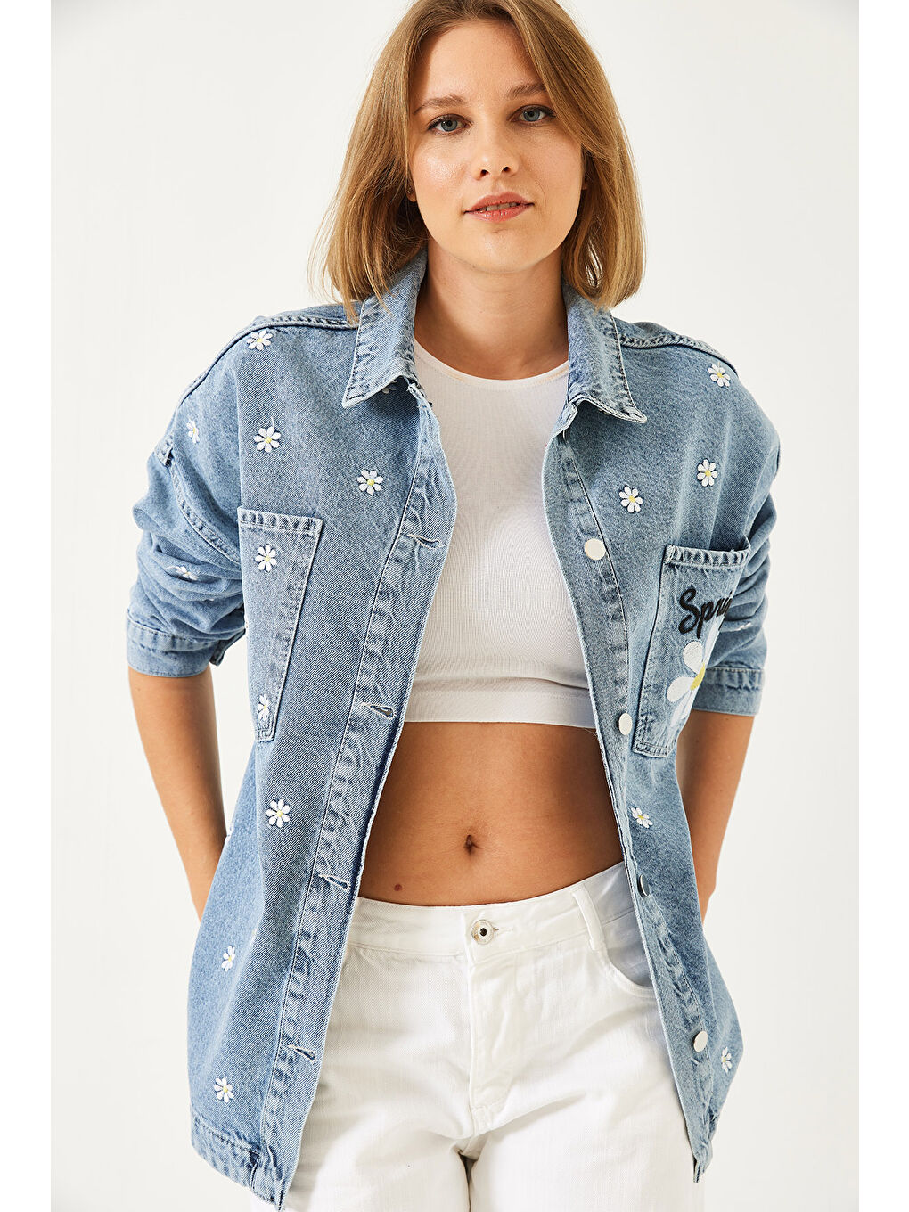Mavi Kadın Papatya Nakışlı Cep Detaylı Denim Ceket-2