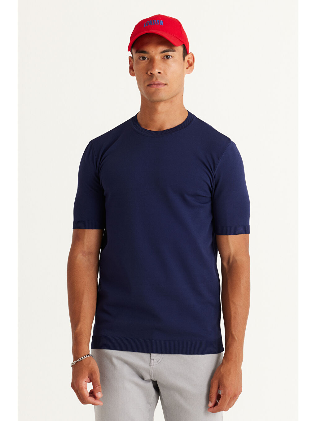 Erkek Lacivert Standart Fit Normal Kesim Bisiklet Yaka Triko Kazak-1