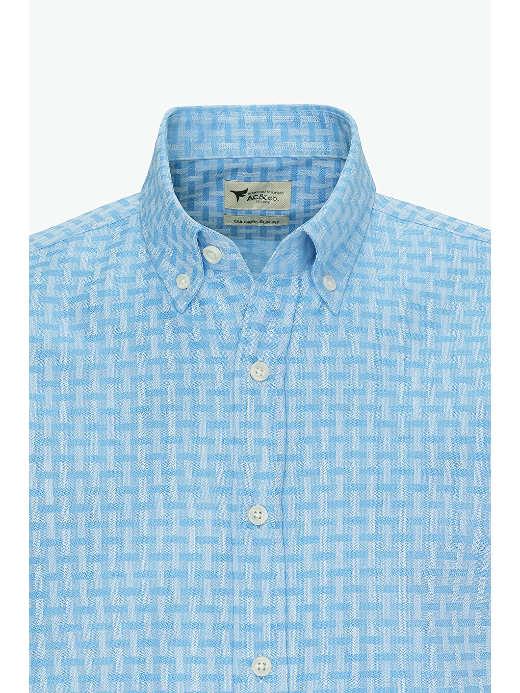 Erkek Açık Mavi %100 Pamuk Slim Fit Dar Kesim Düğmeli Yaka Armürlü Gömlek-7