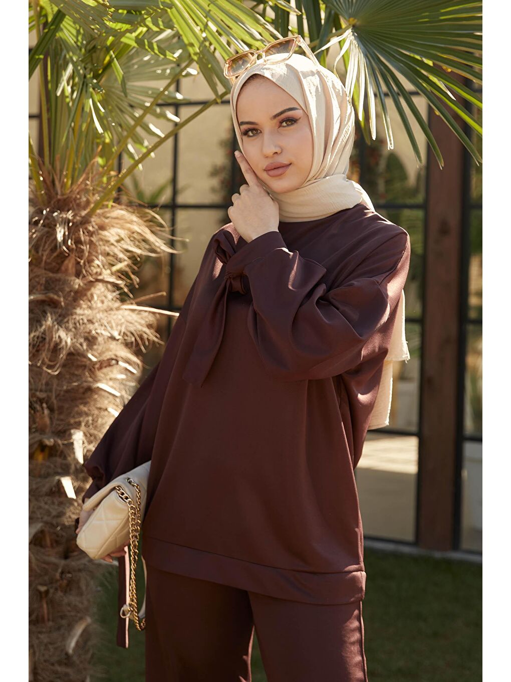 Bisiklet Yaka Kadın Kahverengi Tunik+Pantolon - 11542-2