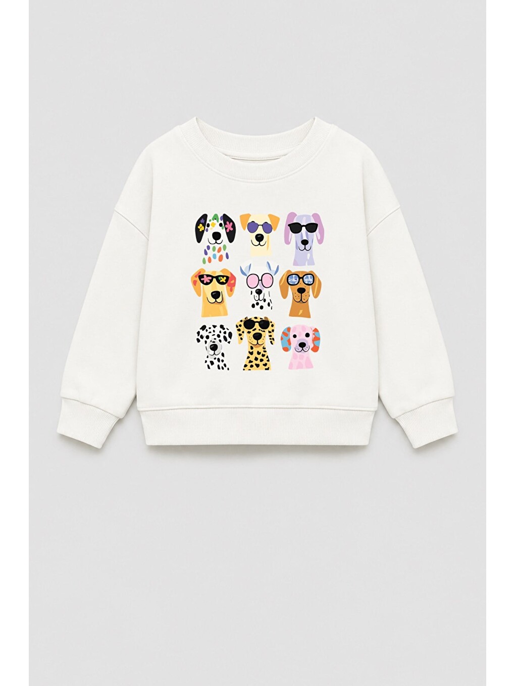 Ekru Kız Çocuk 3 İplik Kumaş Pamuklu Köpek Baskılı Sweatshirt
