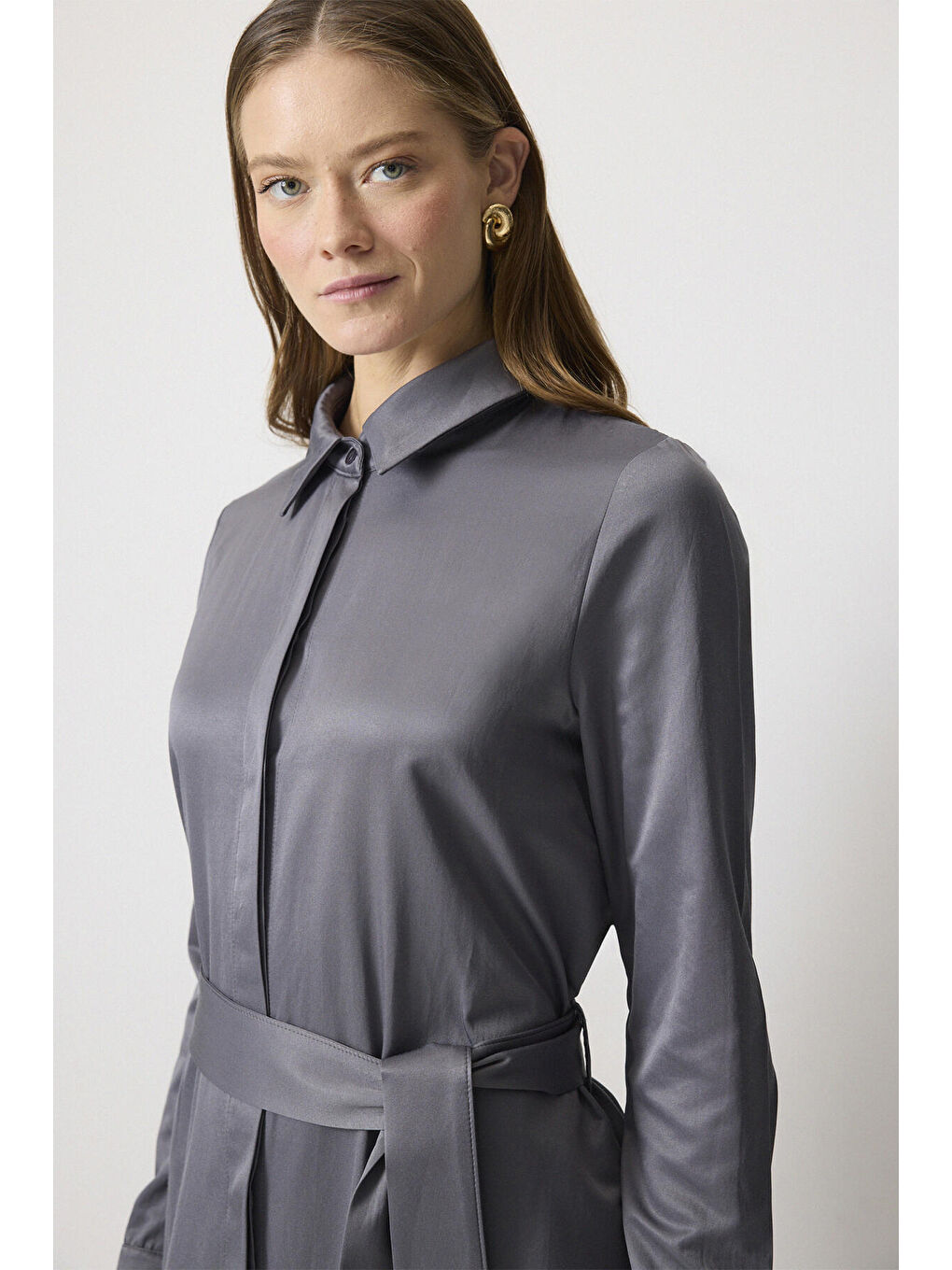 Gri Kuşaklı Gömlek Elbise-2