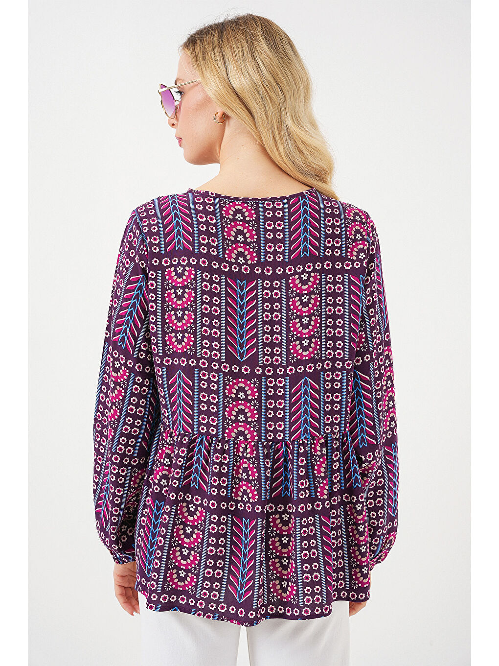 Kadın Desenli Uzun Kol Bluz 970 - Bordo-5