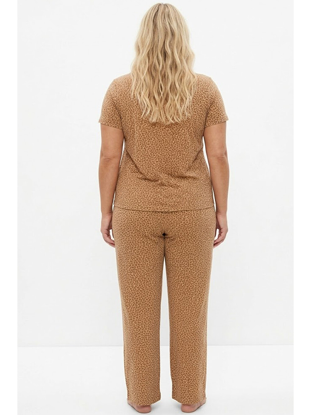 Bej Vizon Leopar Desenli Büyük Beden Battal Örme Pijama Takım 7614-2