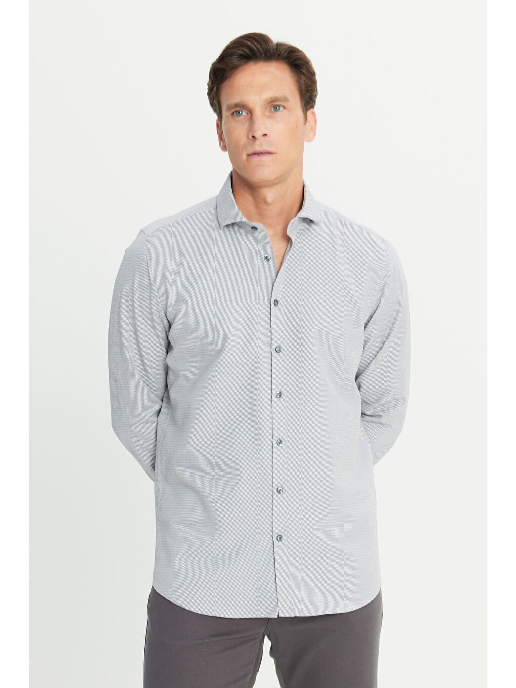 Erkek Gri Slim Fit Dar Kesim Klasik Yaka Pamuklu Armürlü Gömlek-2