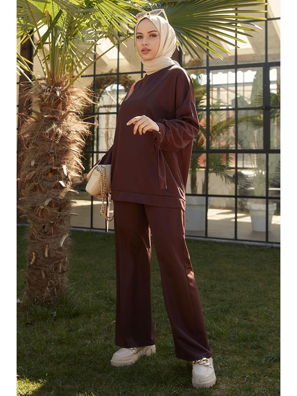 Bisiklet Yaka Kadın Kahverengi Tunik+Pantolon - 11542-3