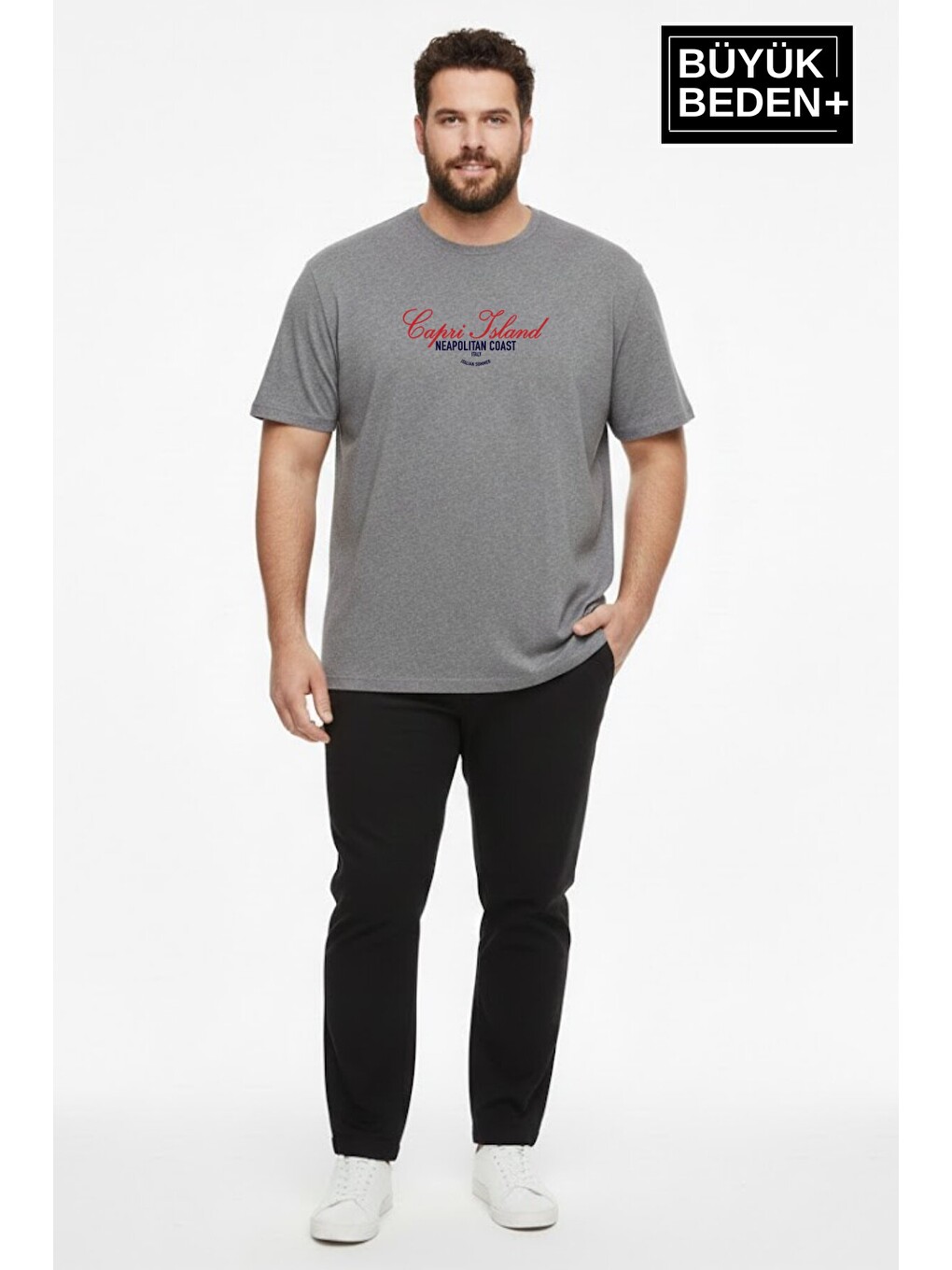 Gri Erkek Büyük Beden Capri Island Baskılı 3xl-6xl Bisiklet Yaka Tshırt SPR26BTS510-14