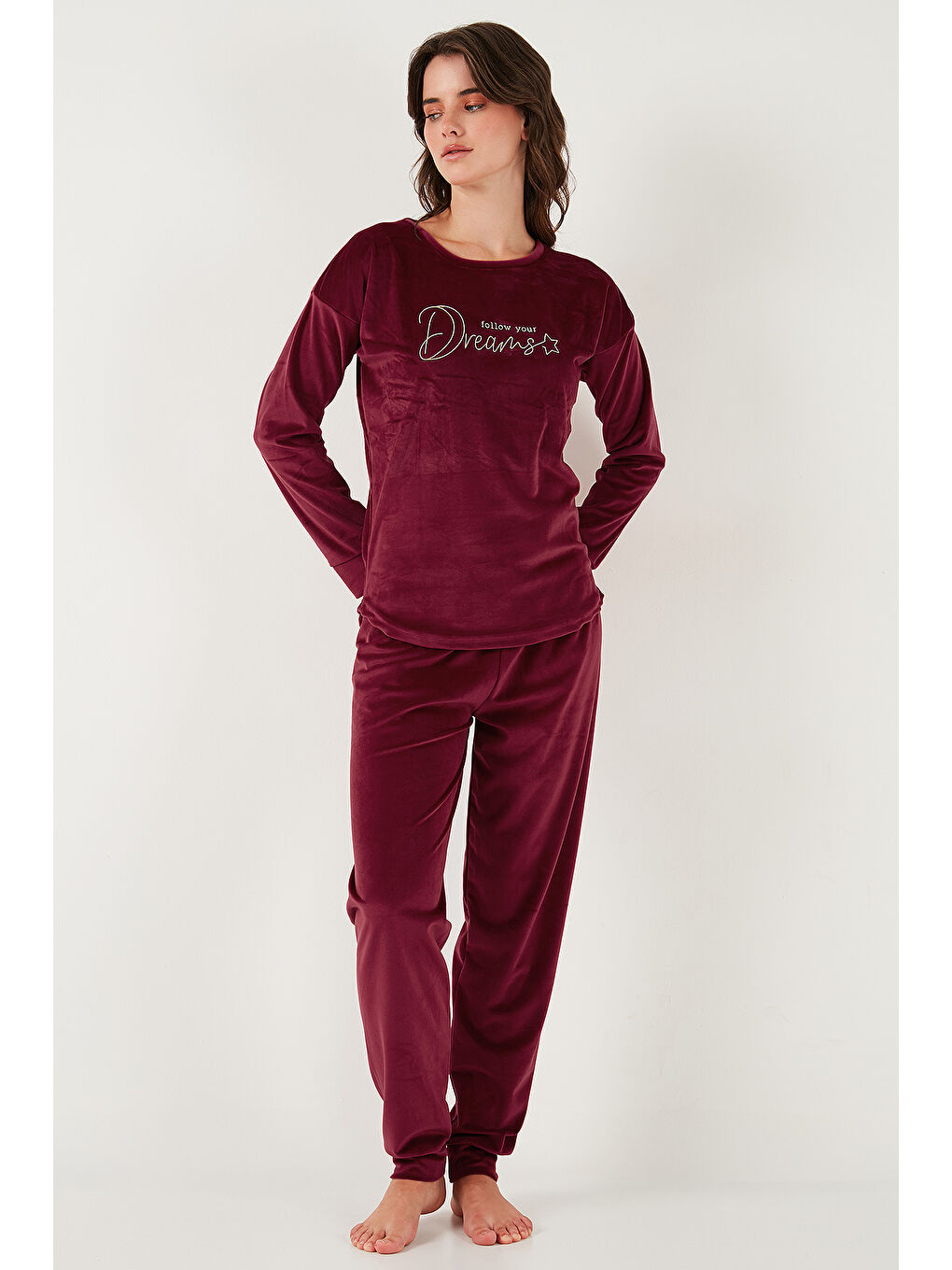 Bordo Standart Fit Bisiklet Yaka Kadın Pijama Takımı 6094202-5