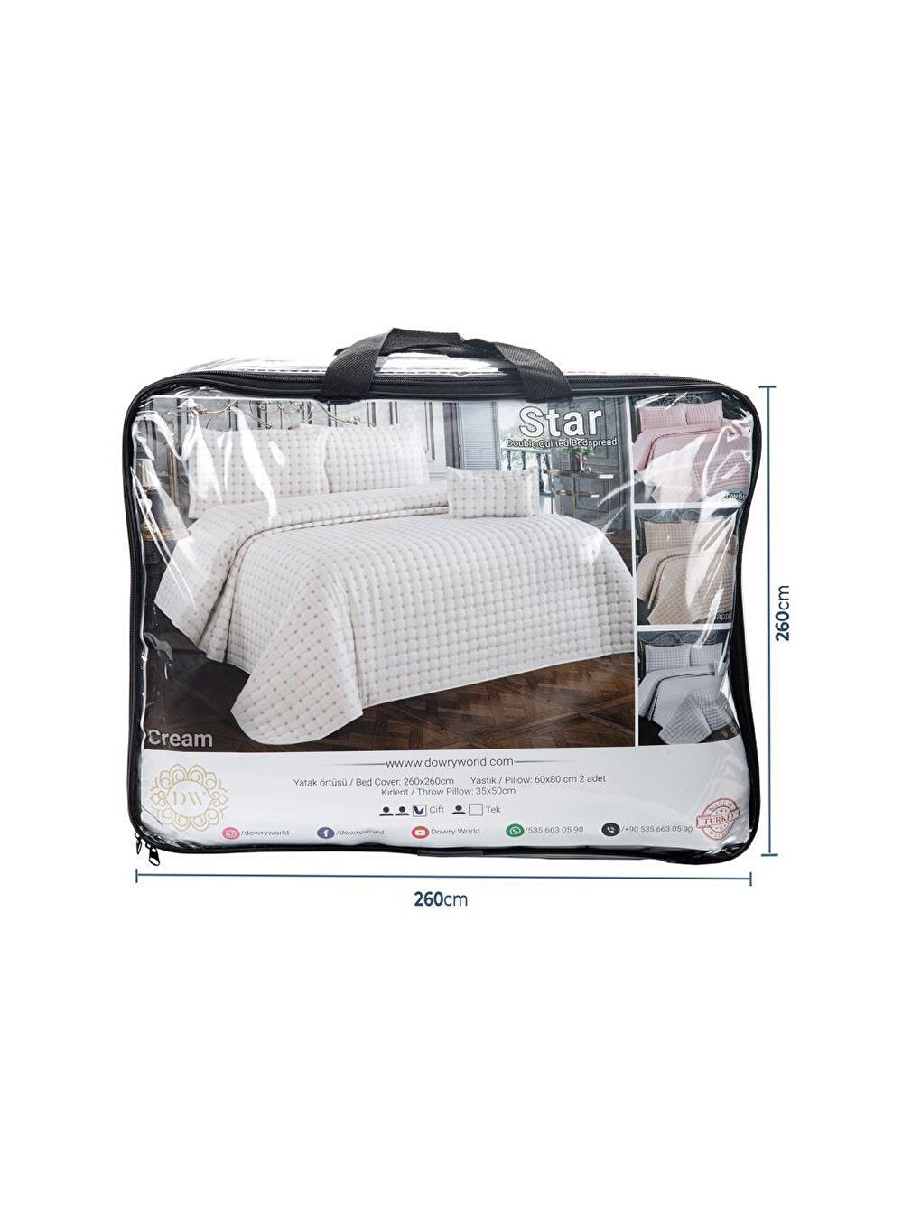 Ekru Yıldız Çift Kişilik Kapitoneli Yatak Örtüsü Krem-4