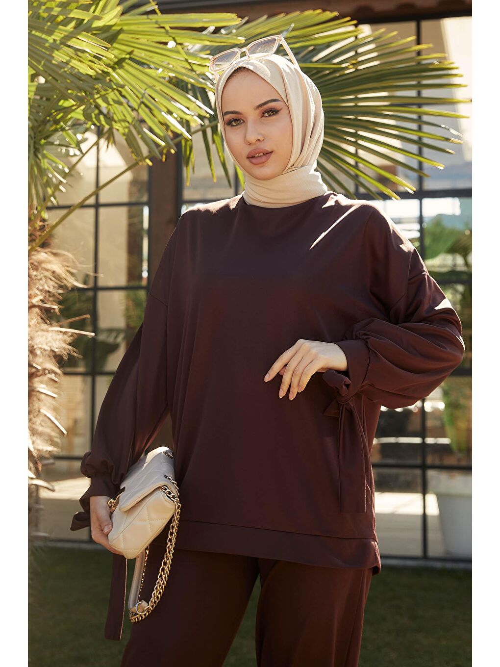 Bisiklet Yaka Kadın Kahverengi Tunik+Pantolon - 11542-4