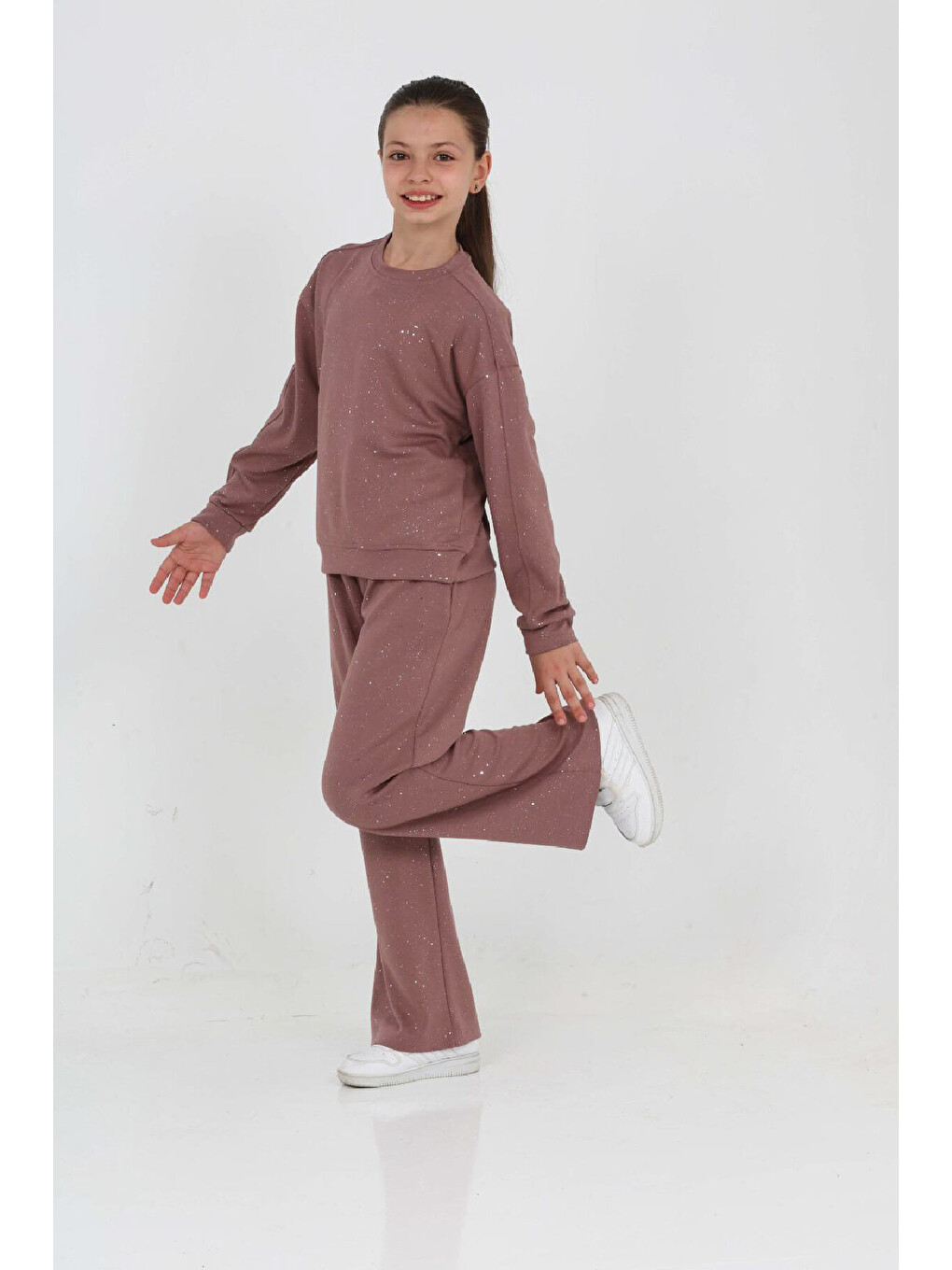 Pembe Kız Çocuk Sim Taşlı+double Face Kumaş Alt-üst Takım 4-10 Yaş 12759blt