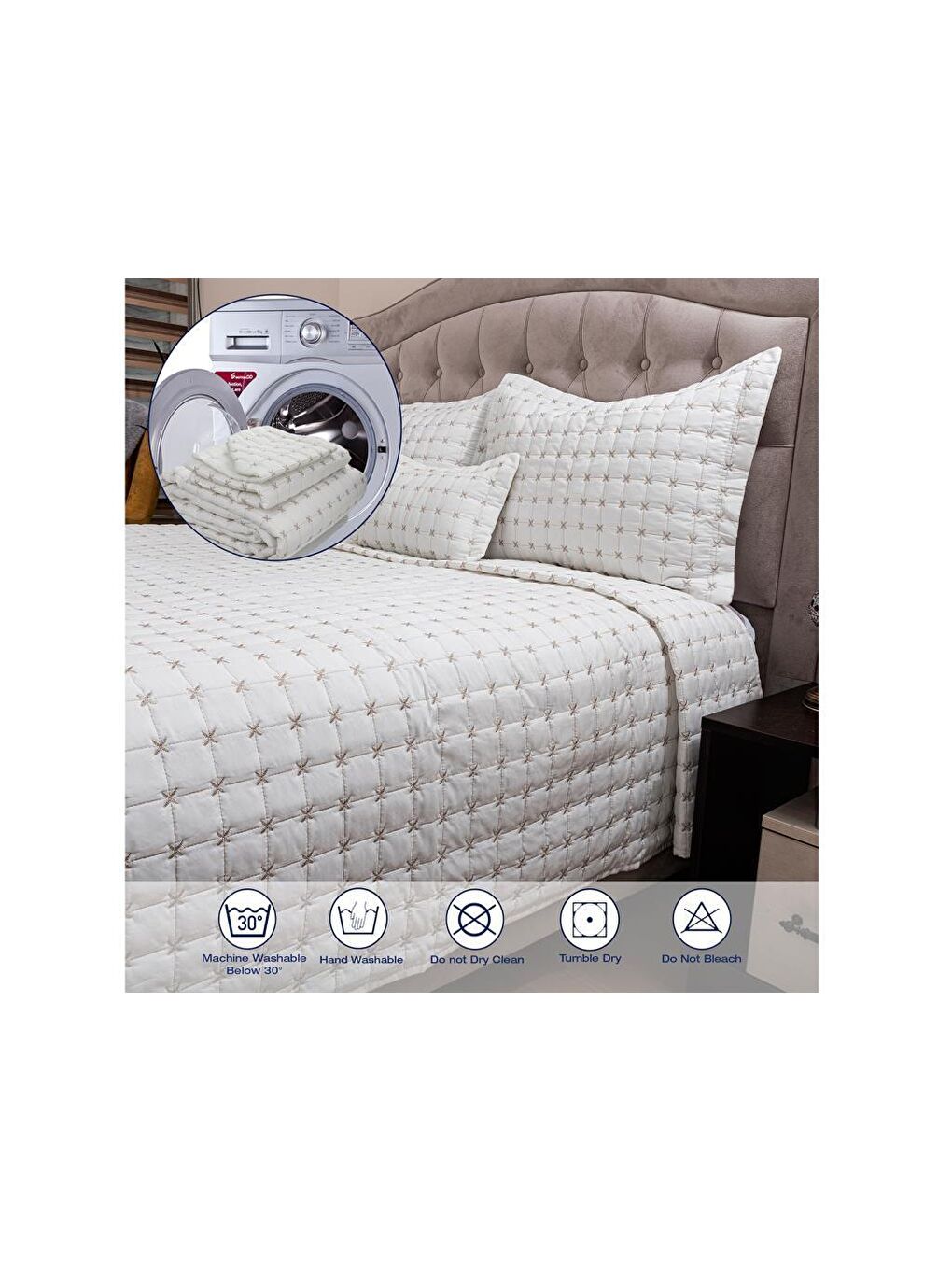 Ekru Yıldız Çift Kişilik Kapitoneli Yatak Örtüsü Krem-7