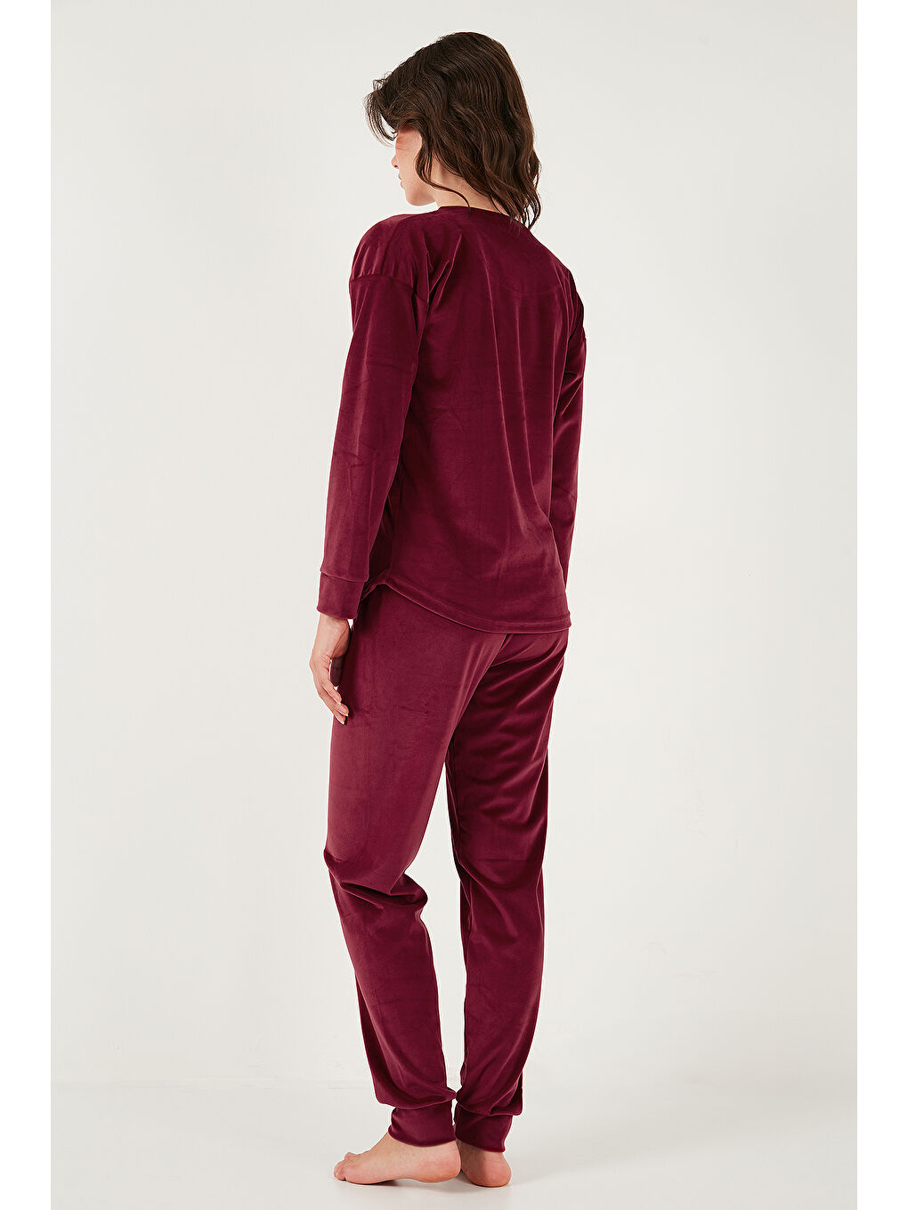 Bordo Standart Fit Bisiklet Yaka Kadın Pijama Takımı 6094202-6