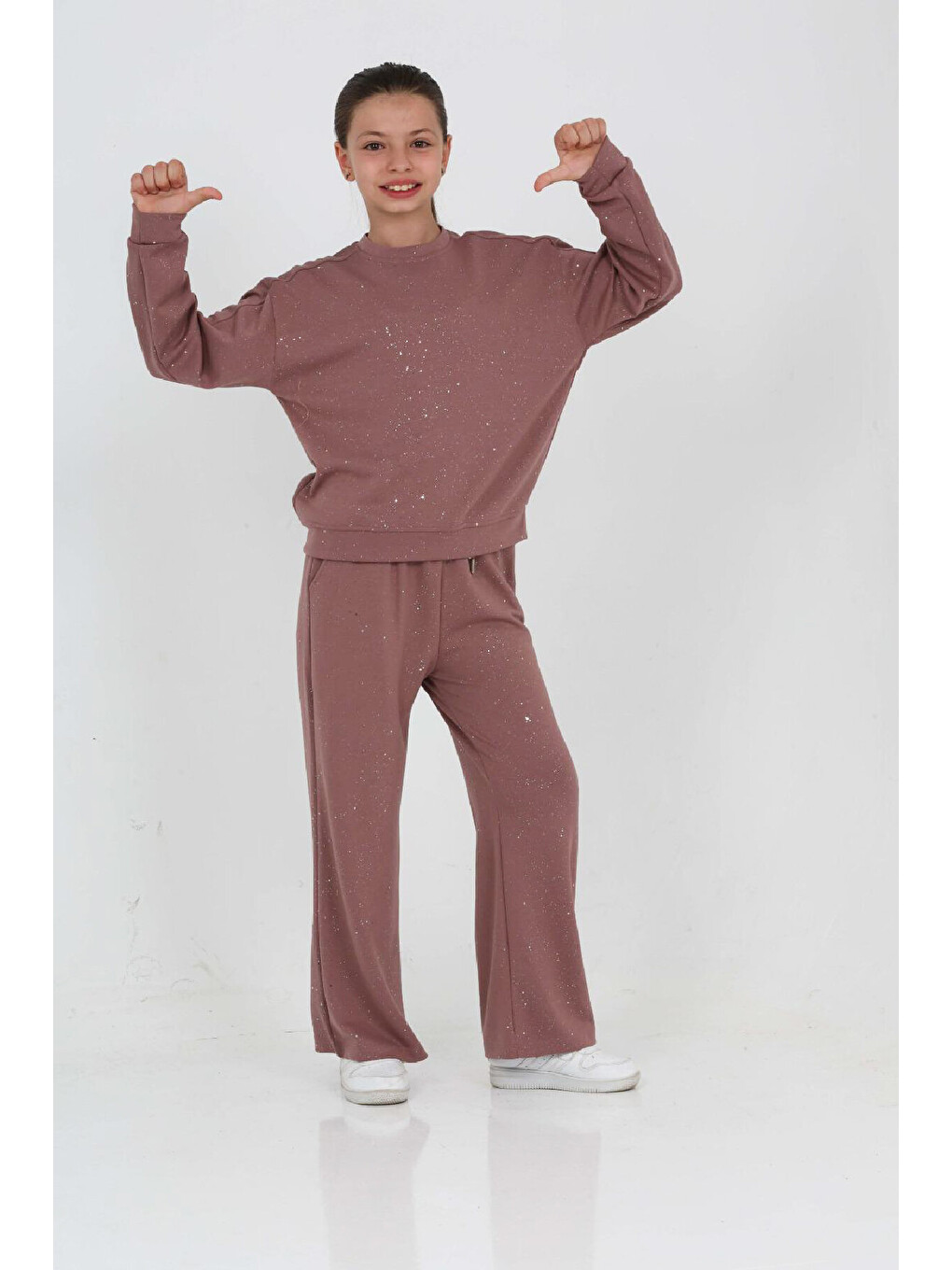 Pembe Kız Çocuk Sim Taşlı+double Face Kumaş Alt-üst Takım 4-10 Yaş 12759blt-2