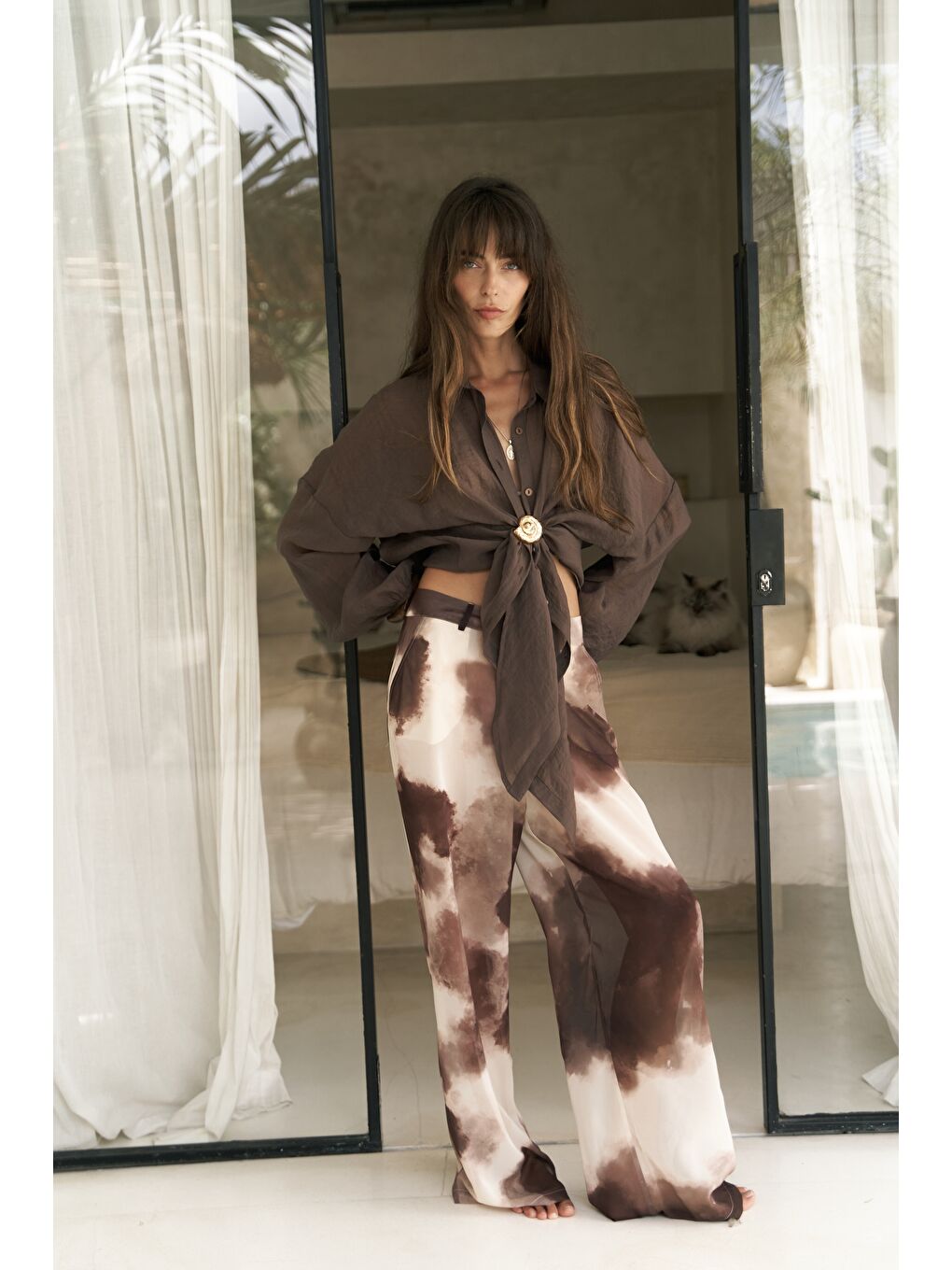 Kahverengi Budiono Transparan Patlı Kahve Pantolon-1