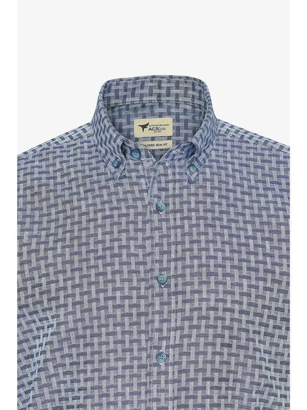 Erkek Lacivert %100 Pamuk Slim Fit Dar Kesim Düğmeli Yaka Armürlü Gömlek-6