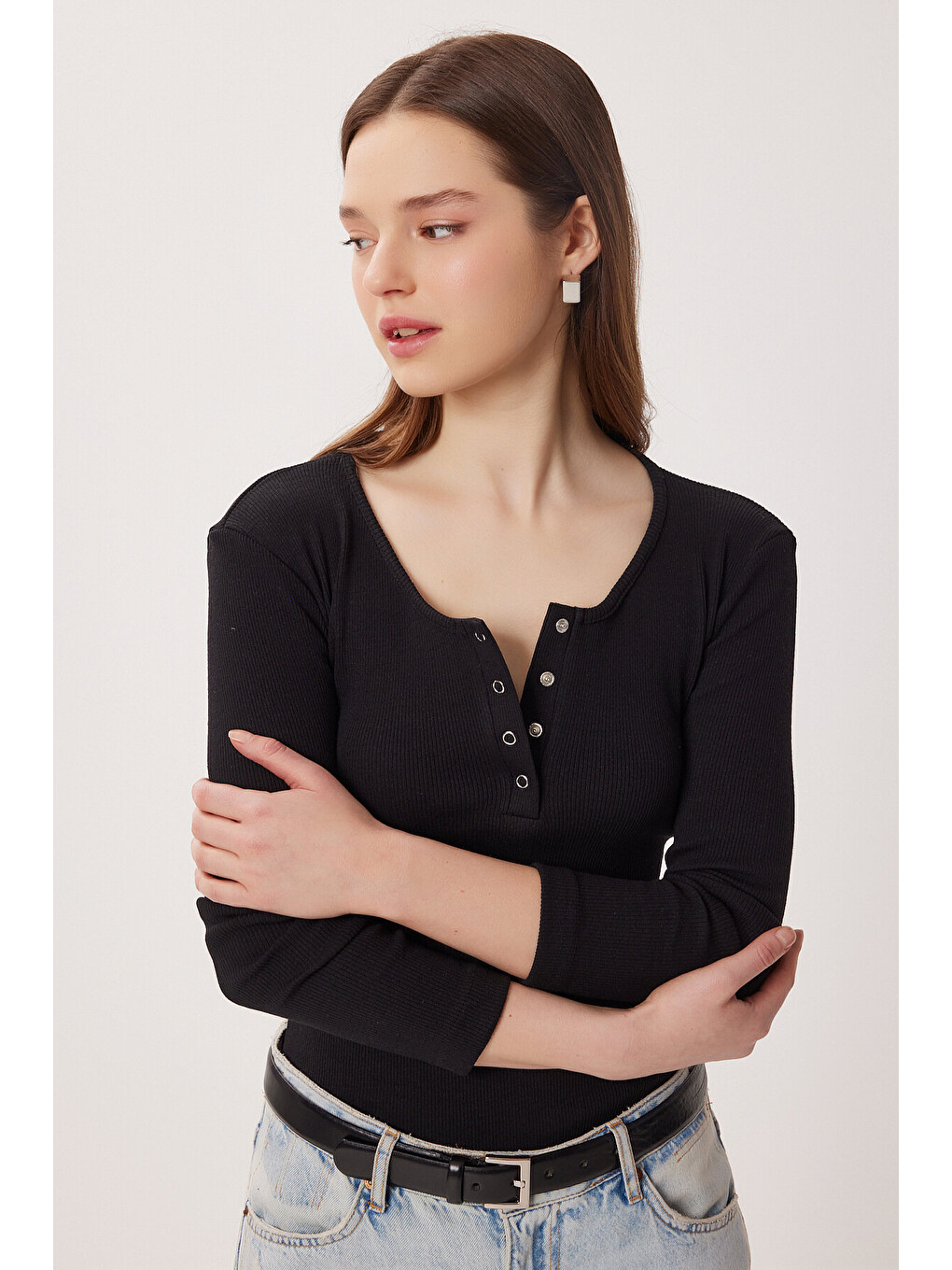 Siyah Çıtçıtlı Fitilli Örme Bluz SİYAH LRN0015-1