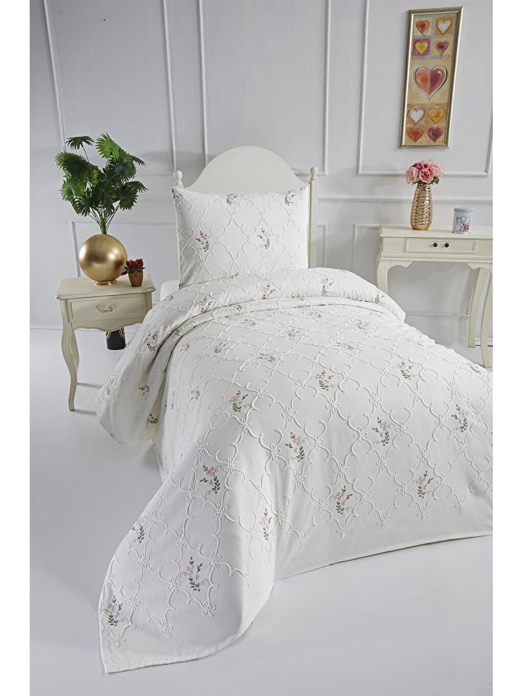 Ekru Pinkrose Nakışlı Şönil 2 Parça Tek Kişilik Yatak Örtüsü Krem-1