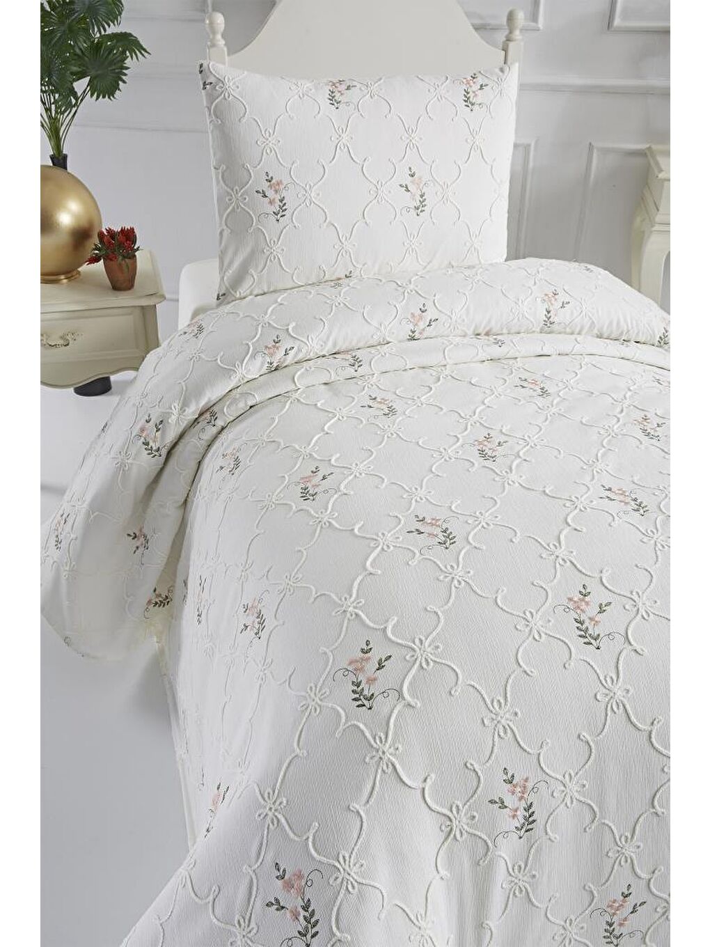 Ekru Pinkrose Nakışlı Şönil 2 Parça Tek Kişilik Yatak Örtüsü Krem-2