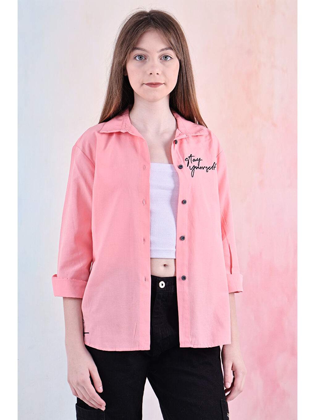 Pembe Kız Çocuk Panelli ve Yazı Baskılı Gömlek 6-15 Yaş 12255