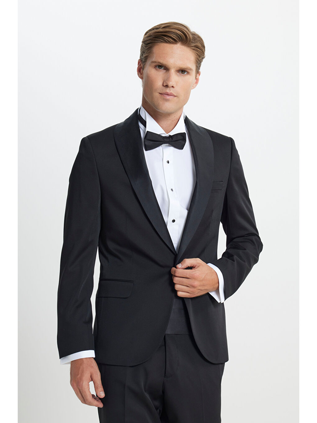 Erkek Siyah Slim Fit Dar Kesim Kırlangıç Yaka Desenli Klasik Smokin Takım