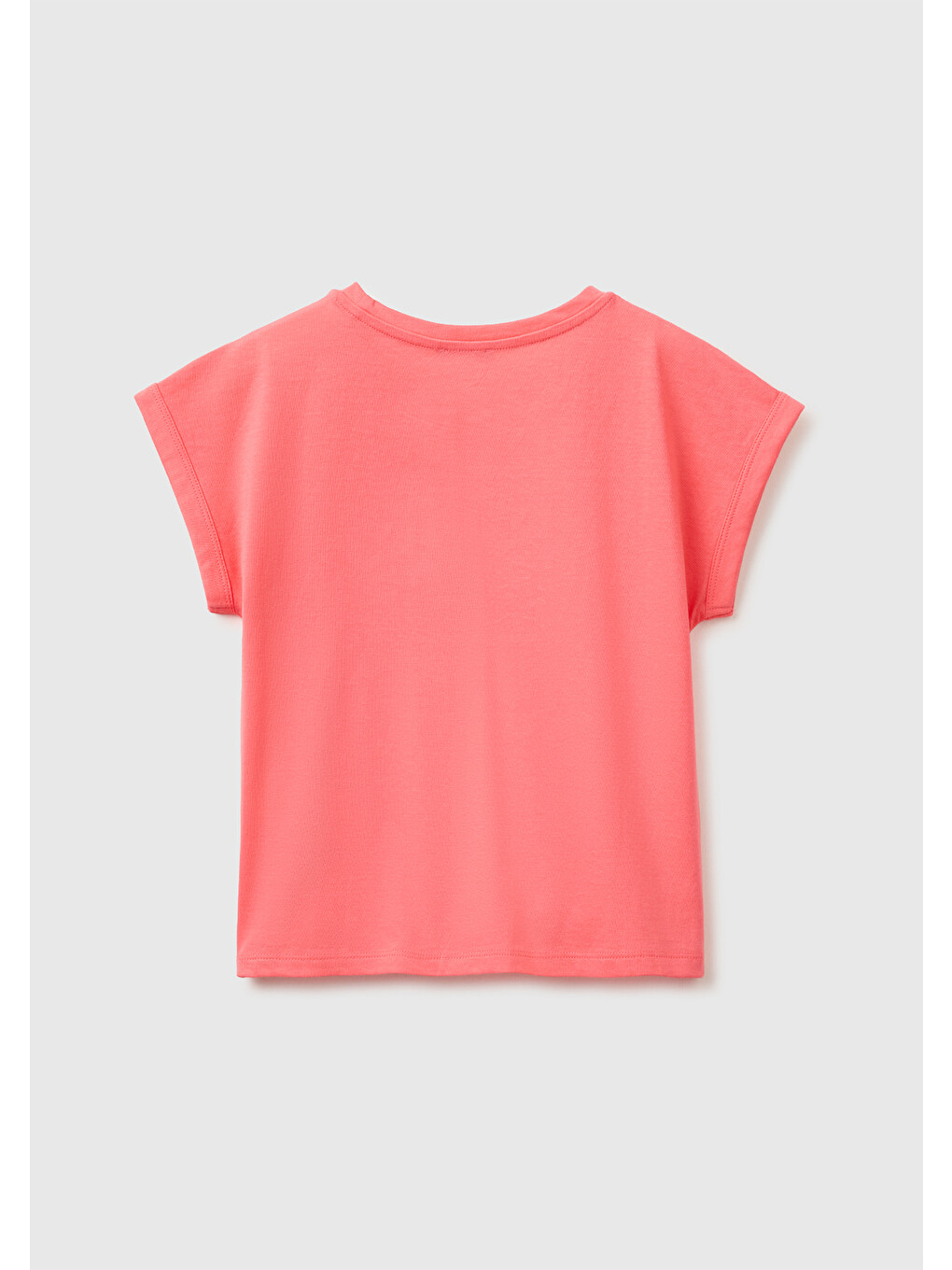 Kız Çocuk Mercan Renkli Taş Detaylı Bisiklet Yaka T-shirt-1