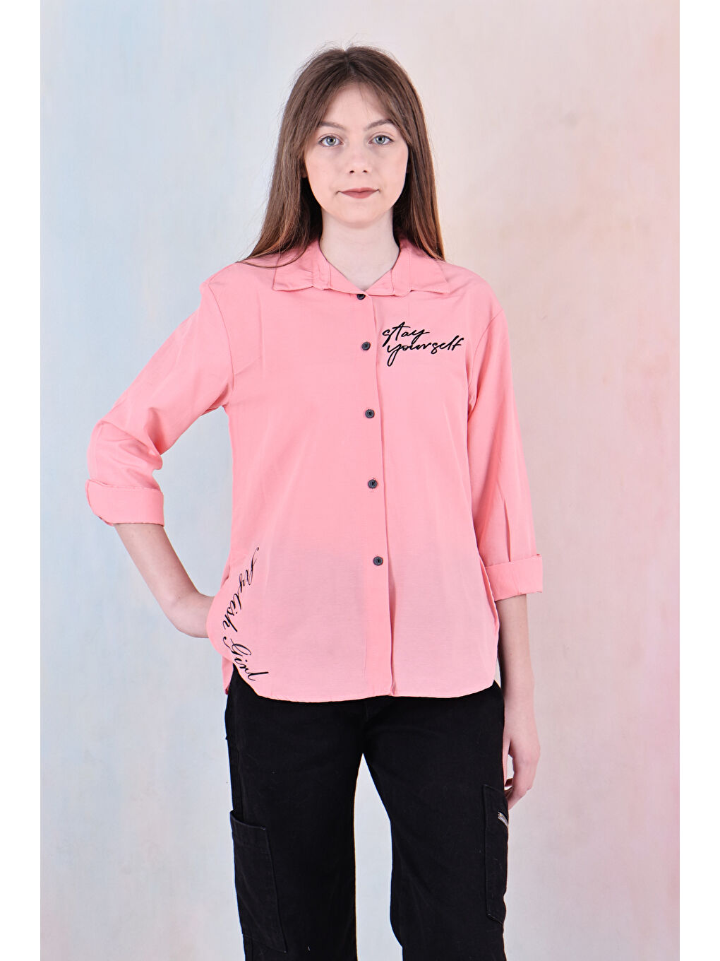 Pembe Kız Çocuk Panelli ve Yazı Baskılı Gömlek 6-15 Yaş 12255-1