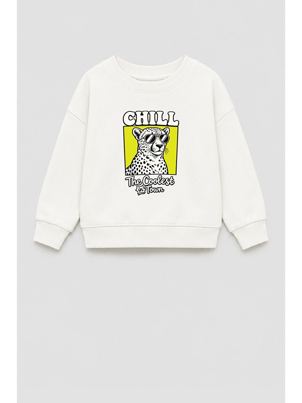 Ekru Erkek Çocuk 3 İplik Kumaş Leopar Baskılı Pamuklu Sweatshirt
