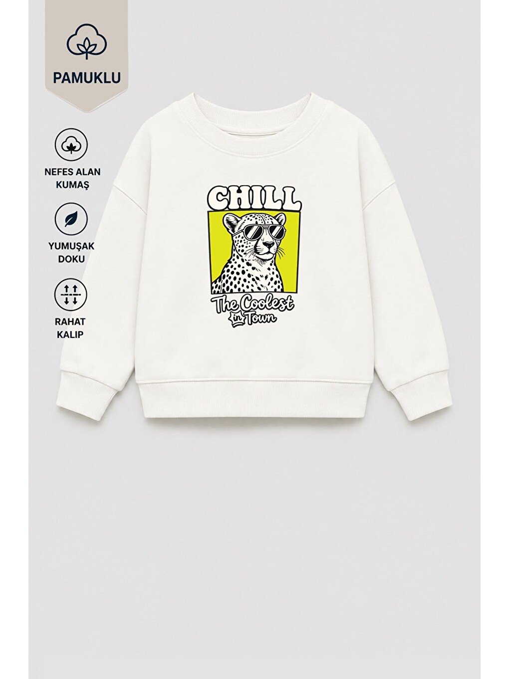 Ekru Erkek Çocuk 3 İplik Kumaş Leopar Baskılı Pamuklu Sweatshirt-1