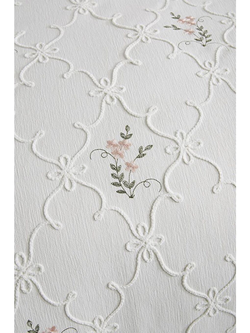 Ekru Pinkrose Nakışlı Şönil 2 Parça Tek Kişilik Yatak Örtüsü Krem-5