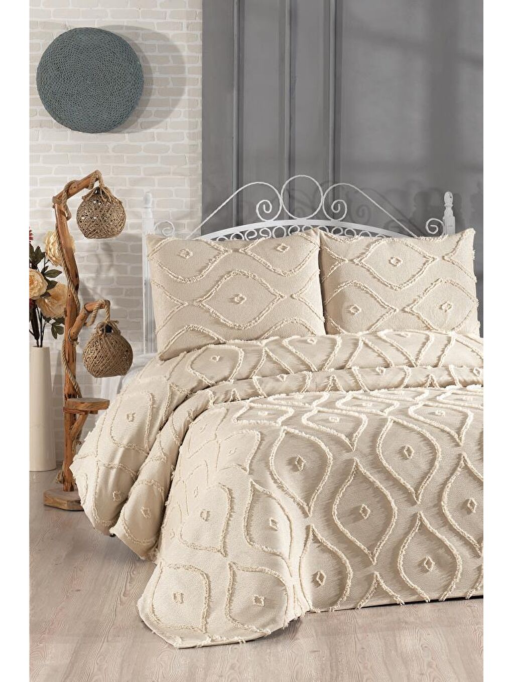 Pirot 3 Parça Çift Kişilik Pike Takımı Bej