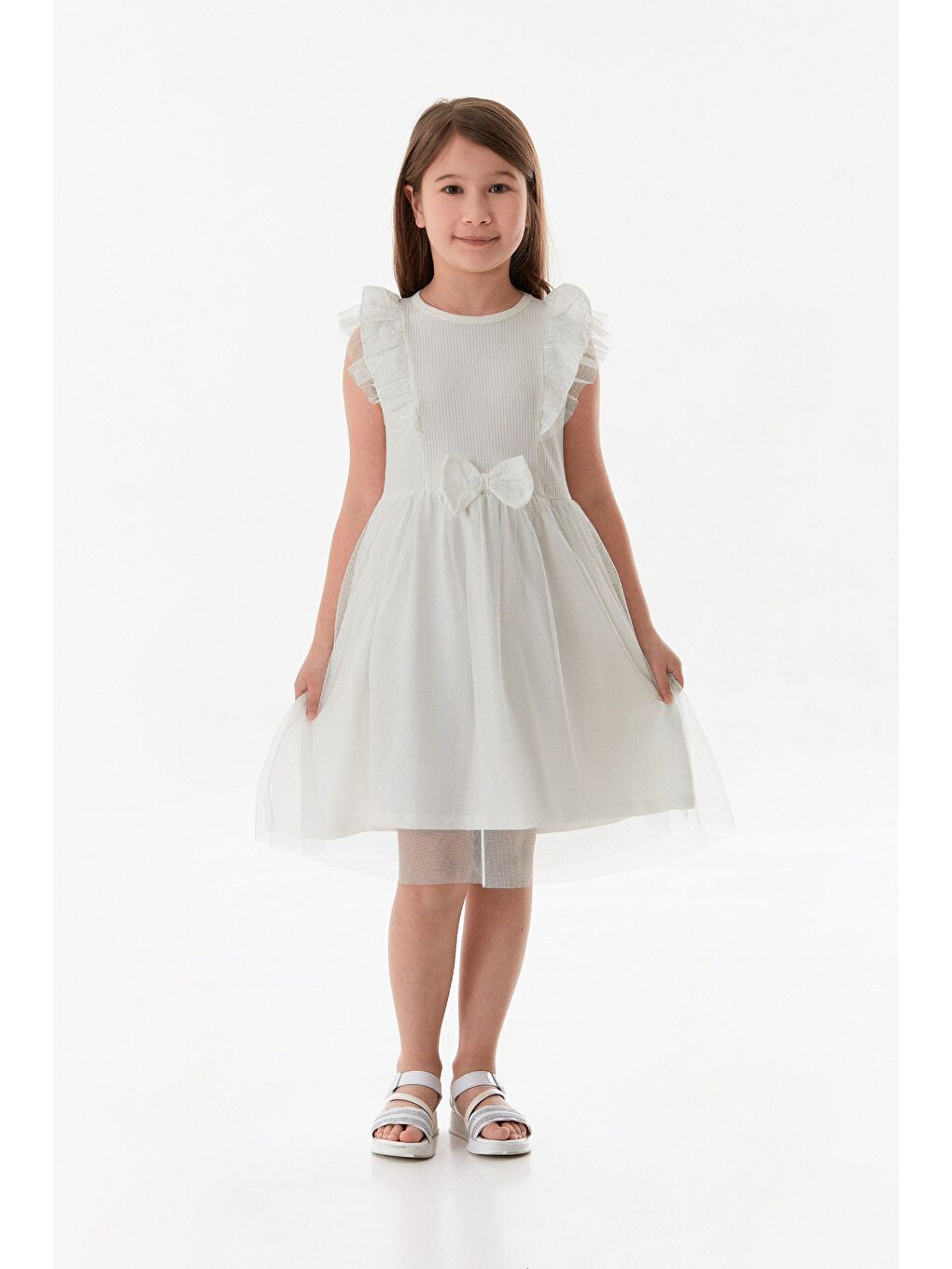 Ekru Kurdele Detaylı Kolu Fırfırlı Tüllü Kız Çocuk Elbise