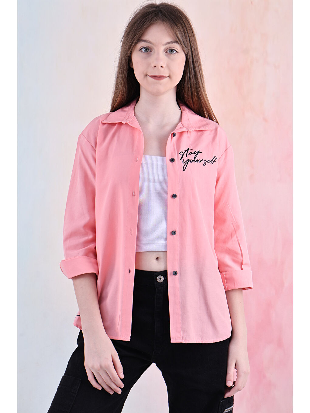 Pembe Kız Çocuk Panelli ve Yazı Baskılı Gömlek 6-15 Yaş 12255-2