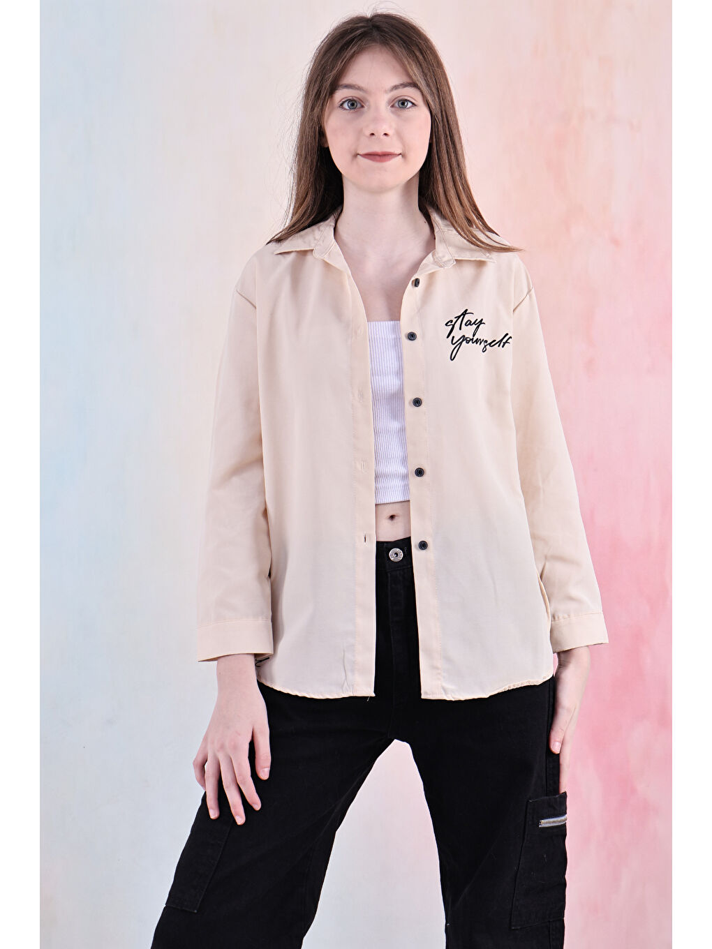 Ekru Kız Çocuk Panelli ve Yazı Baskılı Gömlek 6-15 Yaş 12255