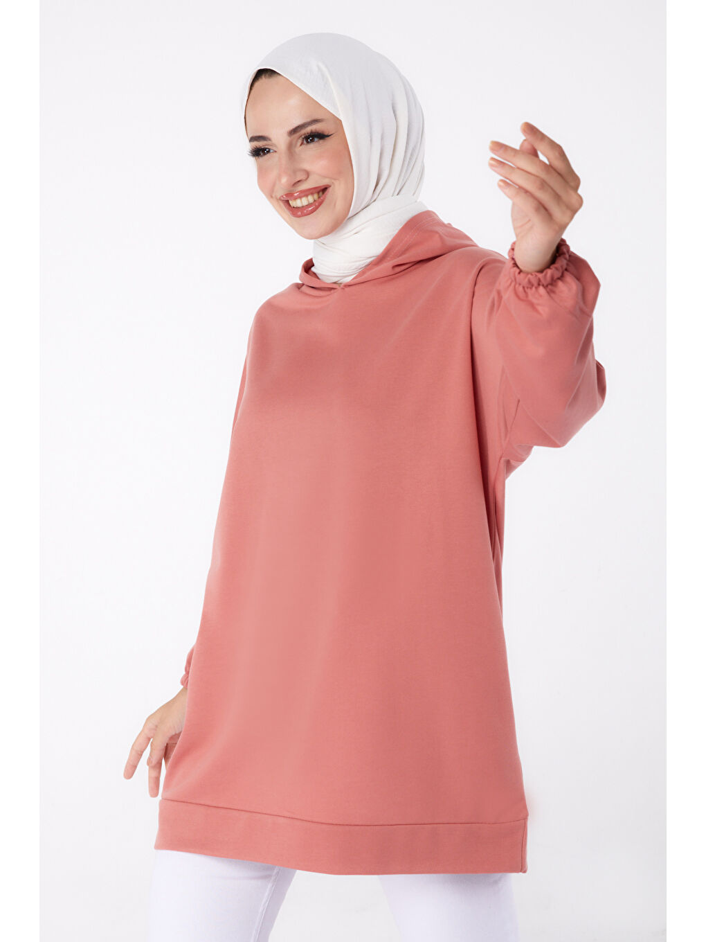 TOFİSA Pembe Düz Kapüşonlu Yaka Kadın Gül Arkası Baskılı Sweatshirt   13327