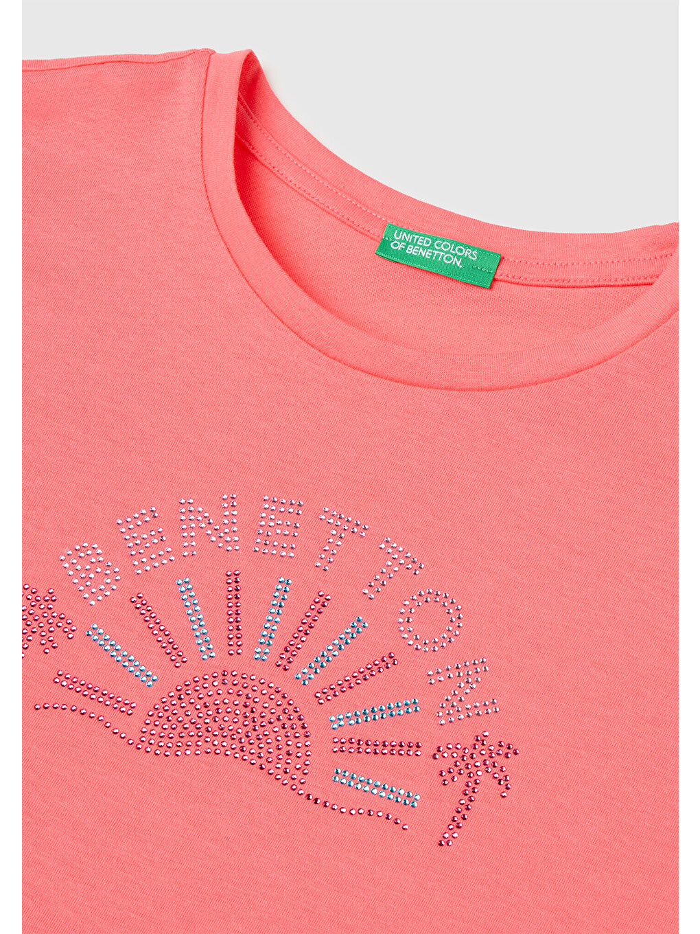 Kız Çocuk Mercan Renkli Taş Detaylı Bisiklet Yaka T-shirt-2